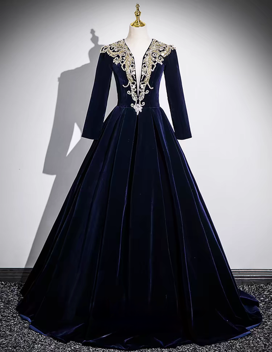 Navy blue beaded lace applique long velvet ball gown VIMYES