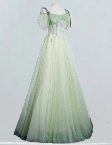 Mint green spaghetti strap pleated long tulle evening party gown