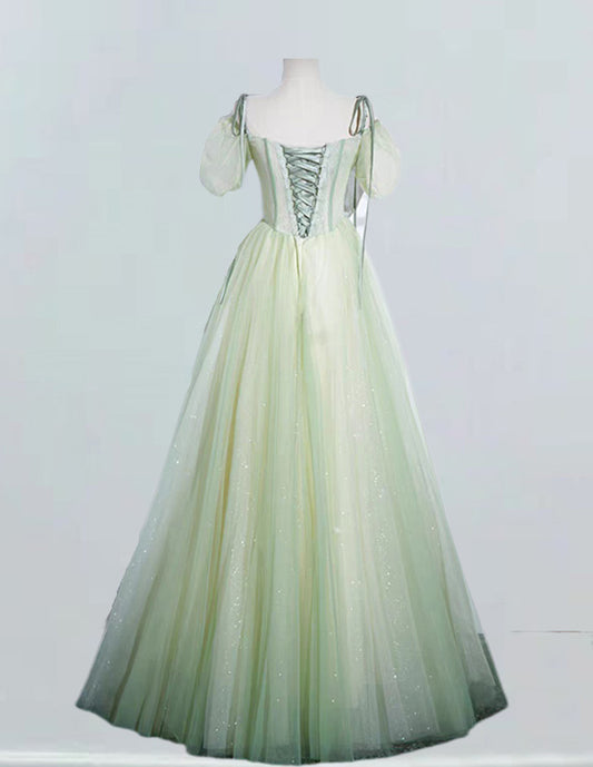 Mint green spaghetti strap pleated long tulle evening party gown VIMYES