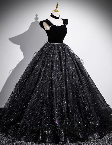 Black straps long tulle ball gown prom dress