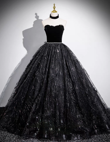 Black straps long tulle ball gown prom dress