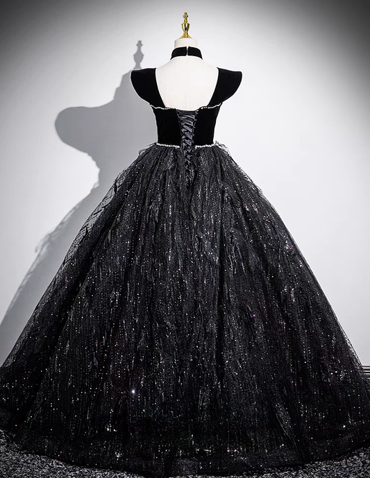 Black straps long tulle ball gown prom dress VIMYES