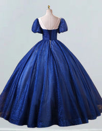 Navy blue lace applique short sleeve long tulle ball gown