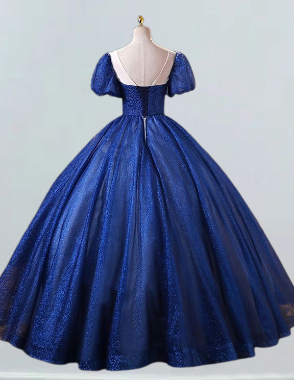 Navy blue lace applique short sleeve long tulle ball gown