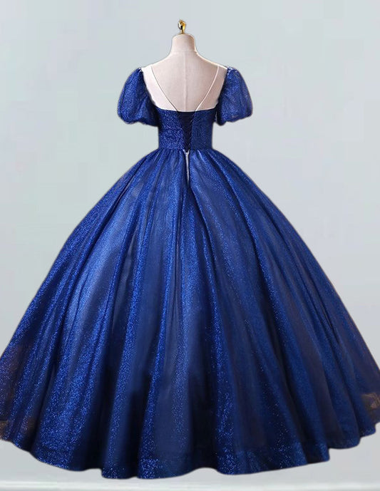 Navy blue lace applique short sleeve long tulle ball gown VIMYES