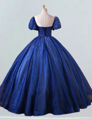 Navy blue lace applique short sleeve long tulle ball gown