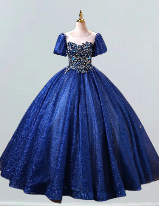 Navy blue lace applique short sleeve long tulle ball gown VIMYES