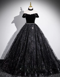 Black straps long tulle ball gown prom dress