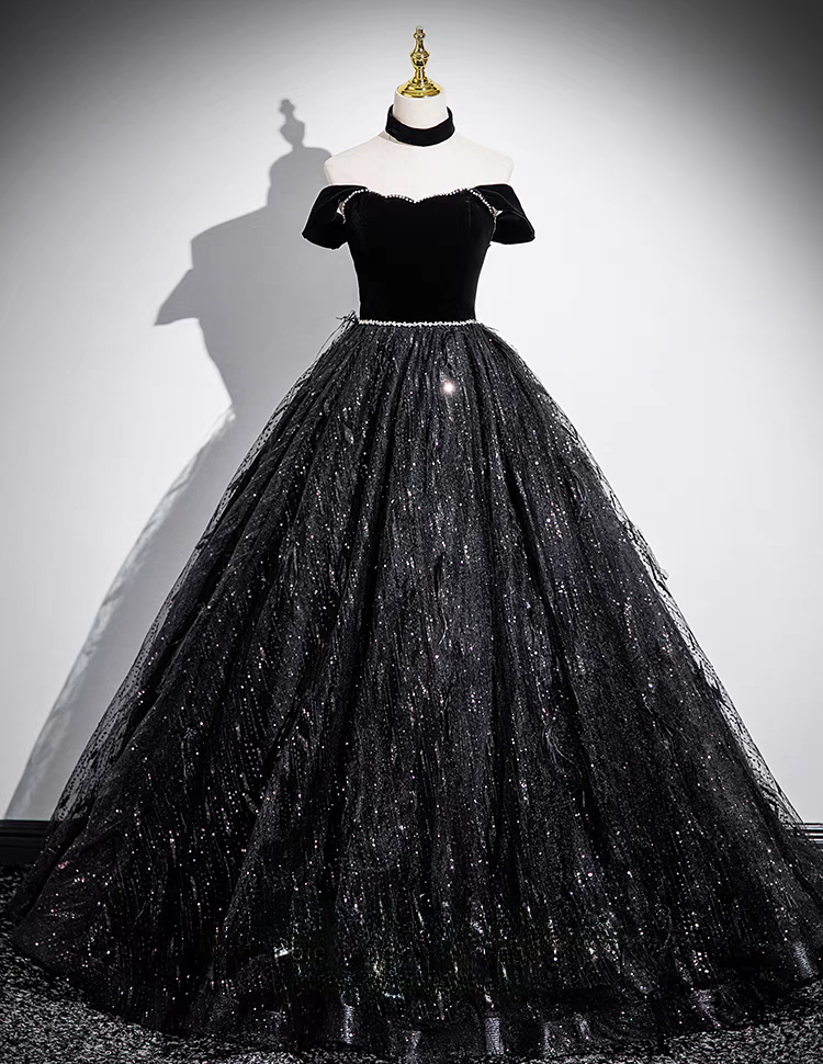 Black straps long tulle ball gown prom dress