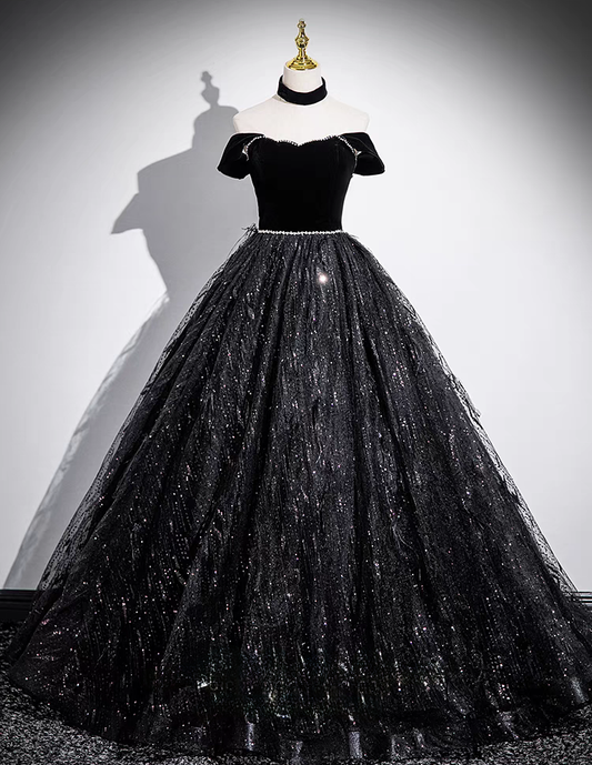 Black straps long tulle ball gown prom dress VIMYES