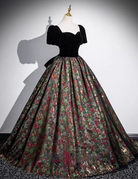 Bateau floral printed satin ball gown evening dress