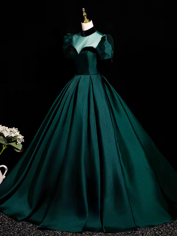 Green short sleeve long satin ball gown evening dress