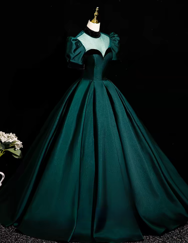 Green short sleeve long satin ball gown evening dress