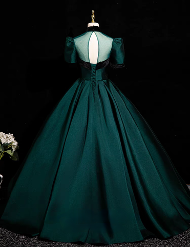 Green short sleeve long satin ball gown evening dress