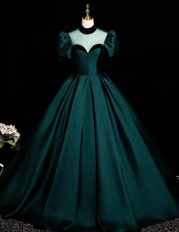 Green short sleeve long satin ball gown evening dress