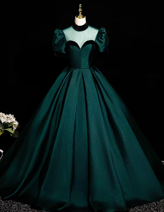 Green short sleeve long satin ball gown evening dress VIMYES