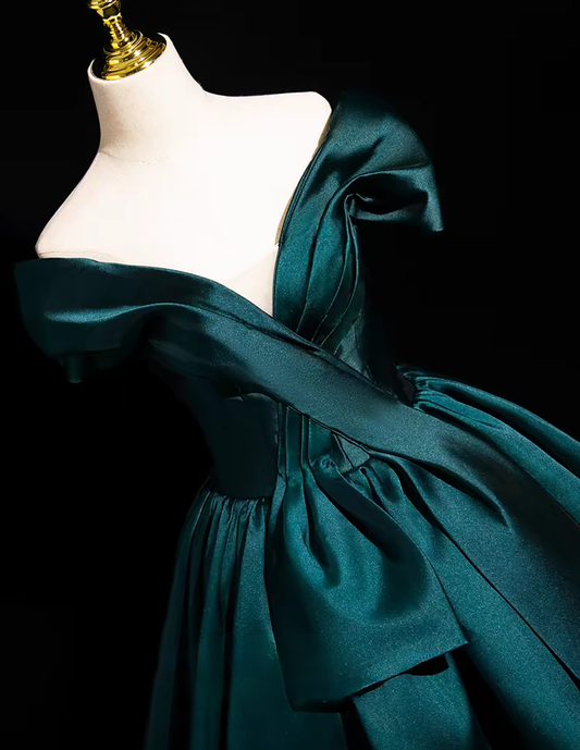 Green off the shoulder pleated long satin prom dress gown VIMYES