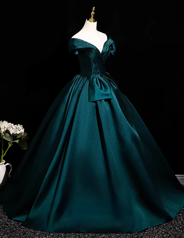 Green off the shoulder pleated long satin prom dress gown