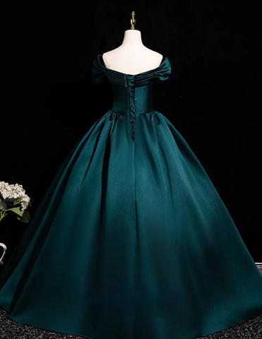 Green off the shoulder pleated long satin prom dress gown