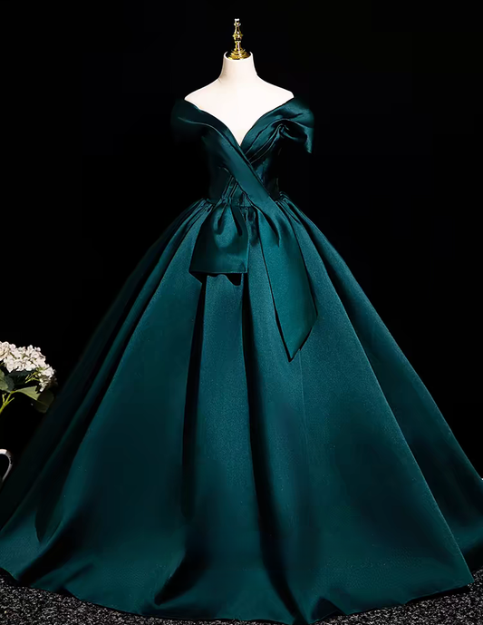 Green off the shoulder pleated long satin prom dress gown VIMYES