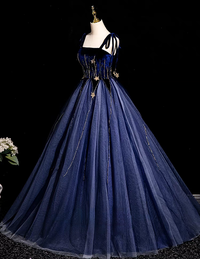 Navy blue beaded long tulle ball gown evening dress