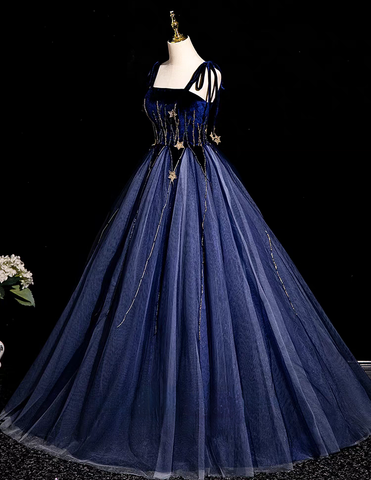 Navy blue beaded long tulle ball gown evening dress