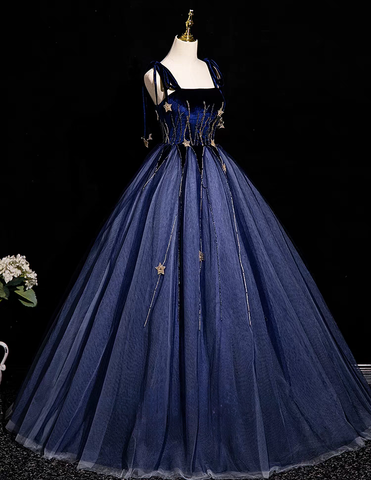 Navy blue beaded long tulle ball gown evening dress