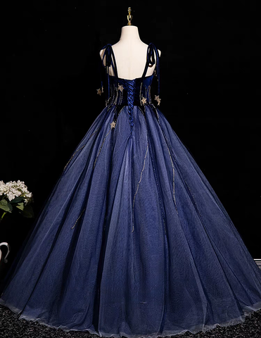 Navy blue beaded long tulle ball gown evening dress