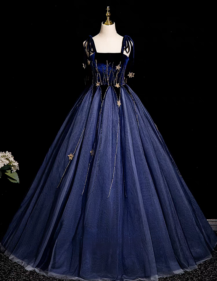 Navy blue beaded long tulle ball gown evening dress