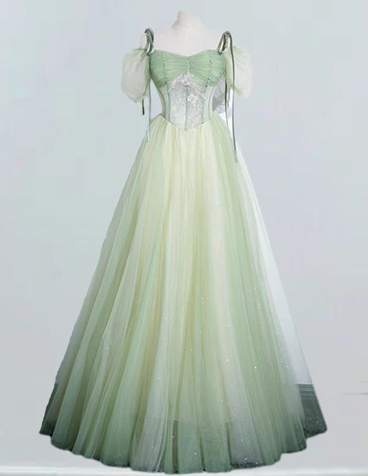 Mint green spaghetti strap pleated long tulle evening party gown VIMYES