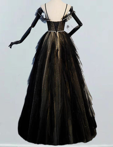 Spaghetti strap black ruffle long tulle prom dress