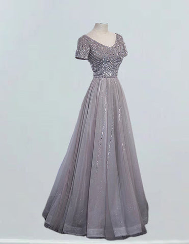 Grey v neck short sleeve beaded long tulle prom dress