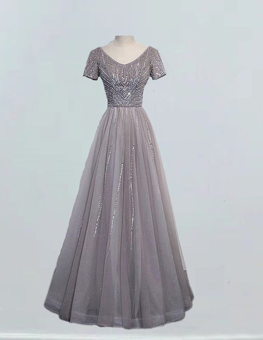 Grey v neck short sleeve beaded long tulle prom dress VIMYES