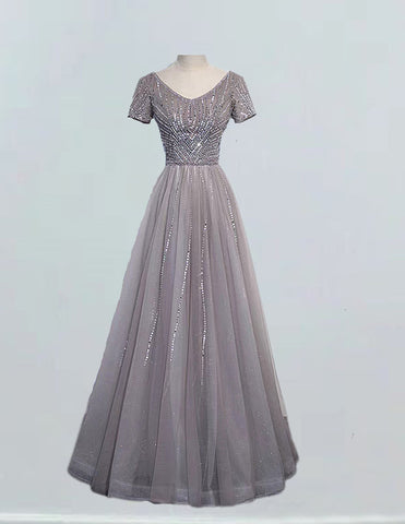 Grey v neck short sleeve beaded long tulle prom dress