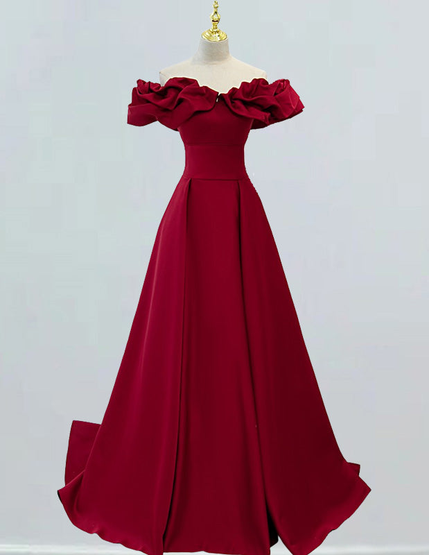 Elegant burgundy satin off-shoulder ruffle prom gown for girls0