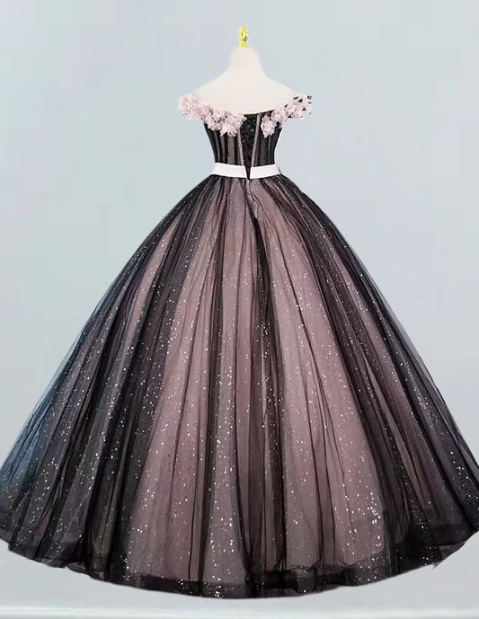 Off the shoulder black pink long tulle ball gown bridal prom dress VIMYES