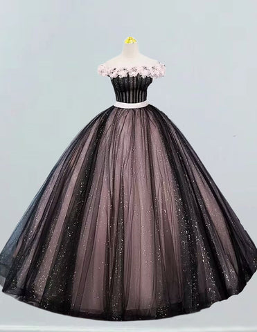 Off the shoulder black pink long tulle ball gown bridal prom dress