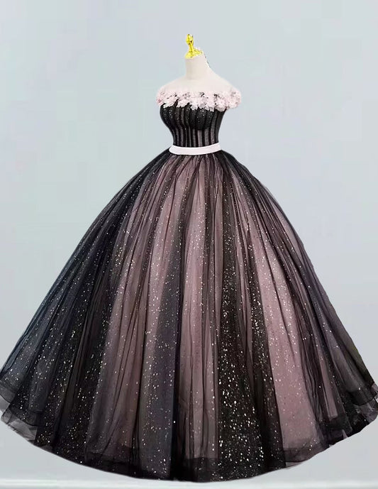 Off the shoulder black pink long tulle ball gown bridal prom dress VIMYES