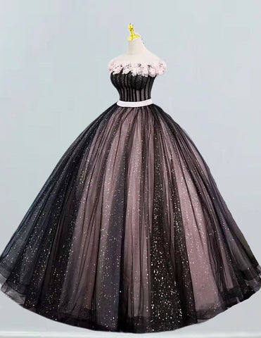 Off the shoulder black pink long tulle ball gown bridal prom dress