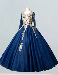 a blue and gold dress on a mannequin