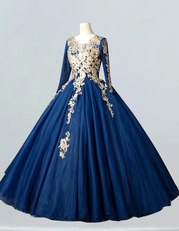 a blue and gold dress on a mannequin