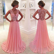 V neck lace beading long chiffon prom dress gown,pink formal gown