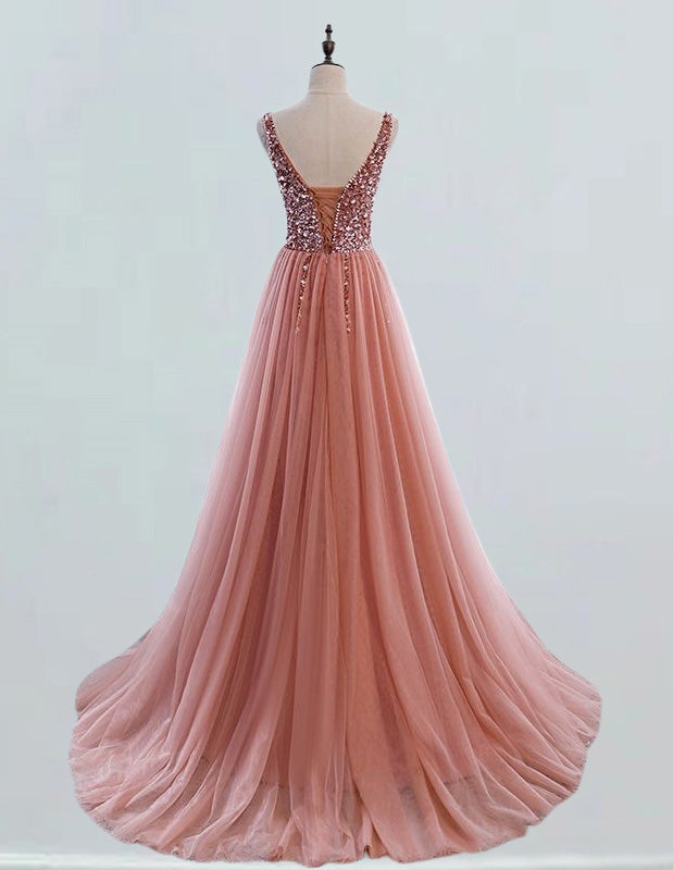 Elegant pink V-neck tulle prom dress with beading and rhinestones for girls0