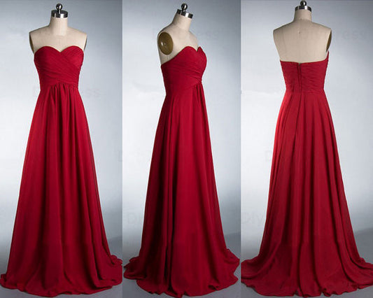 Sweetheart pleated chiffon formal gown,burgundy long prom gown bridesmaid dress VIMYES