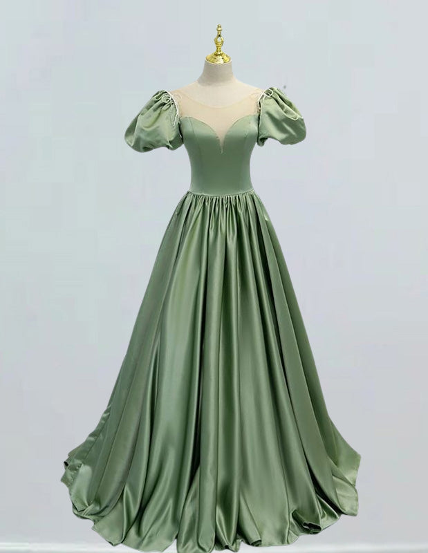 Elegant green satin prom gown with short sleeves, girls' formal ball gown dresses for princess party, evening and bridesmaid events1