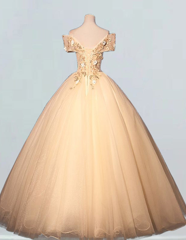 Champagne gold off-shoulder lace applique prom ball gown for girls with elegant and aesthetic design, featuring sleeves and corset detailing, perfect for formal events and princess parties