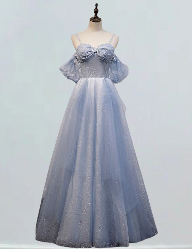 Elegant light blue tulle prom gown with sweetheart pleated top, perfect for formal events and bridesmaid attire2