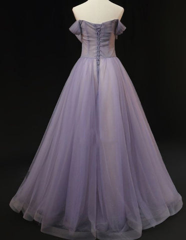 Lavender rhinestone beaded long tulle ball gown