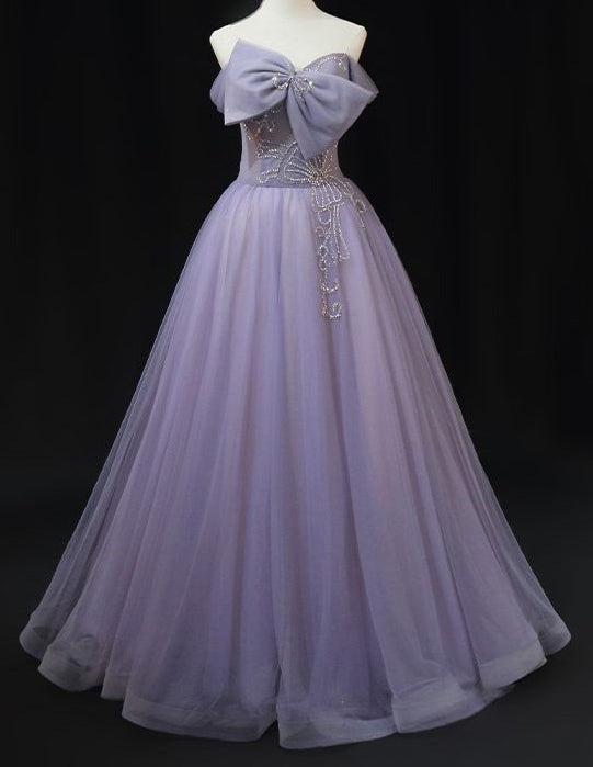 Lavender rhinestone beaded long tulle ball gown