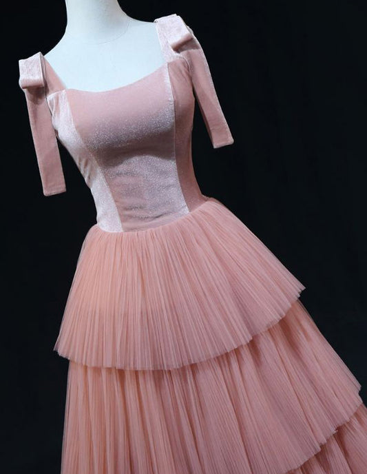 Pink straps layered long tulle prom gown evening dress VIMYES